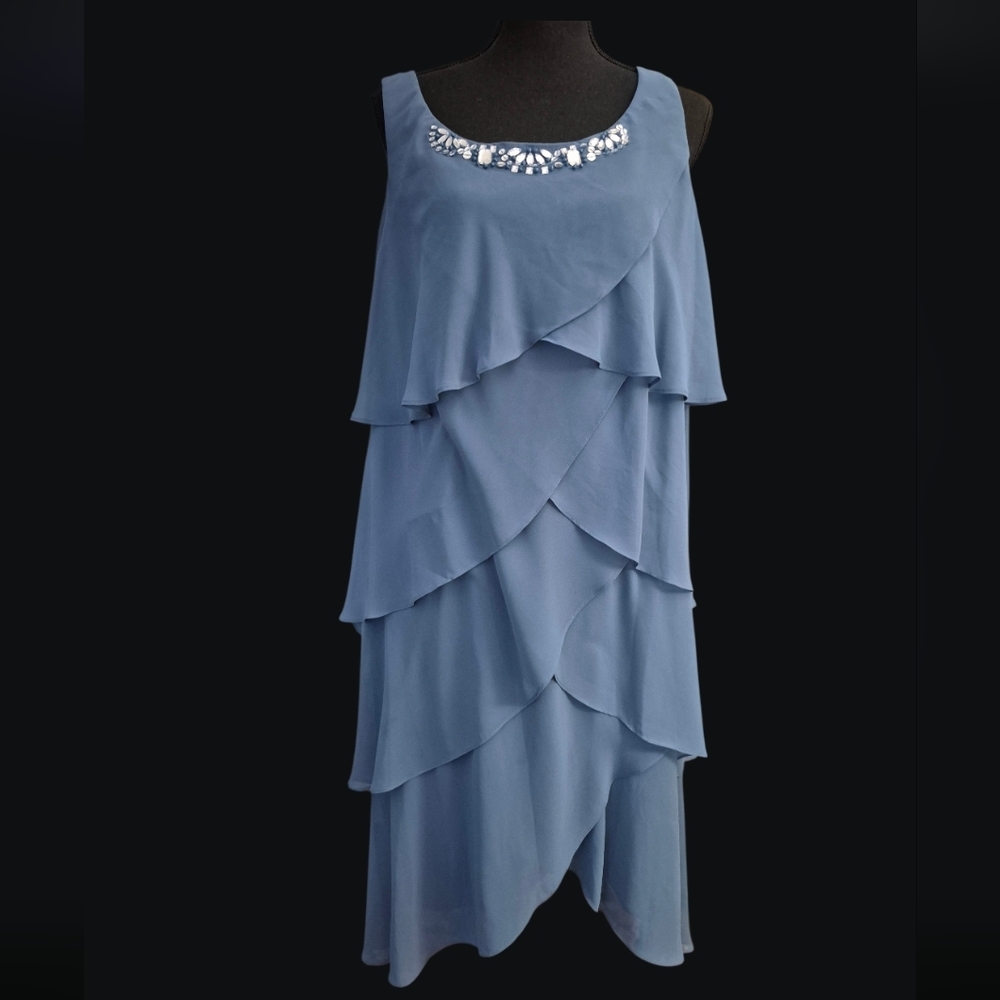 Ignite Evenings Dusty Blue Tiered Ruffle Dress with Jewel Embellished Neckline -